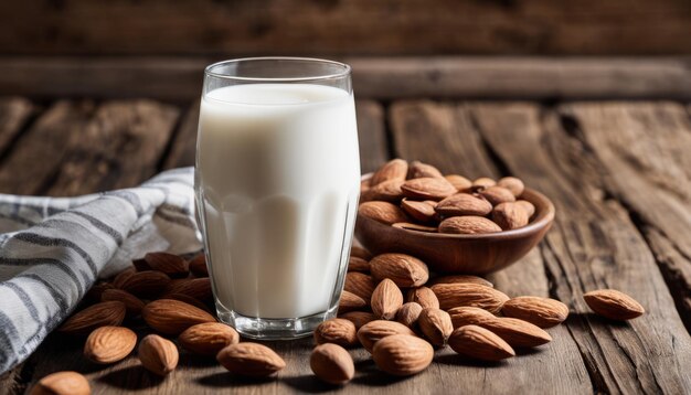 Un vaso de leche con almendras en la mesa.