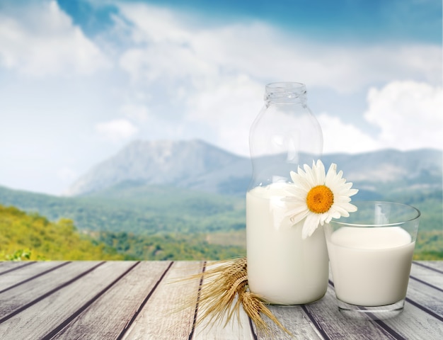 Foto vaso de leche y botella en el fondo