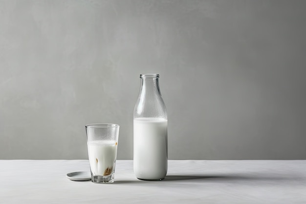 Vaso de leche y una botella de leche uno al lado del otro sobre una mesa