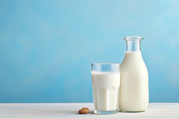 Vaso de leche y botella en una mesa de madera