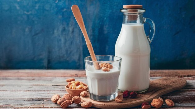 Vaso de leche y botella con nueces en una tabla de madera sobre un fondo azul