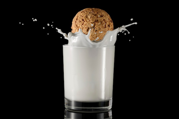 Un vaso de leche con chispas y una galleta de avena