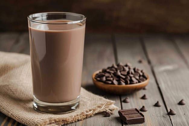 Un vaso de leche con chocolate en la mesa cerrada