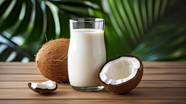 Un vaso de leche de coco con cocos alrededor.