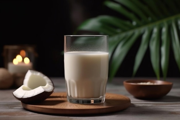 Un vaso de leche de coco junto a un coco y un cuenco de cocos.