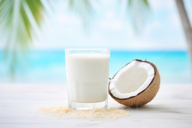 Un vaso de leche de coco refrigerada con escamas en una playa de arena blanca