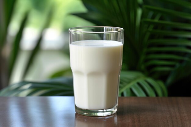 Un vaso de leche entera sobre una mesa