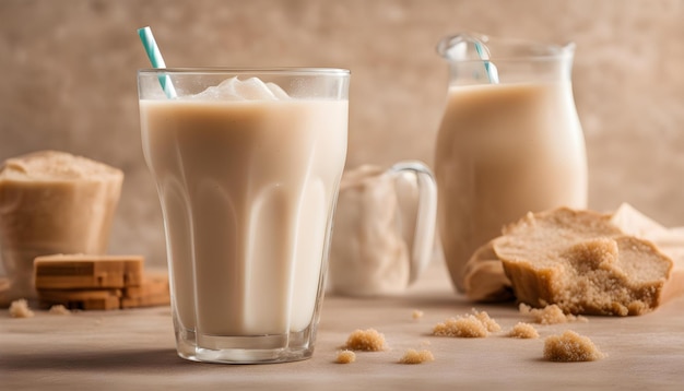 un vaso de leche está al lado de un frasco de mantequilla de maní