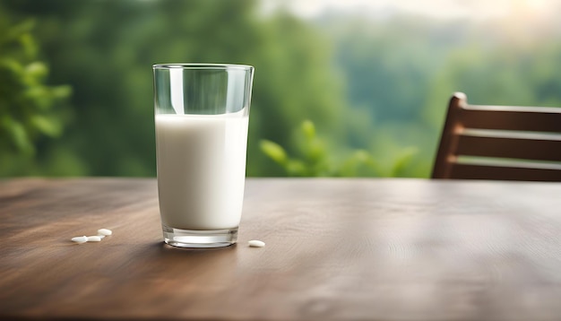 un vaso de leche está medio lleno en una mesa