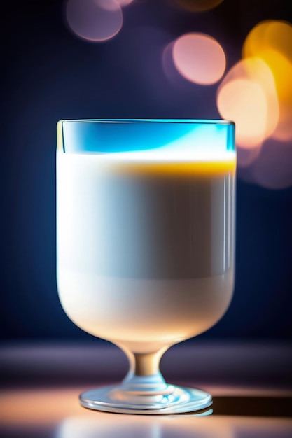 Un vaso de leche de fondo azul y una luz de fondo.