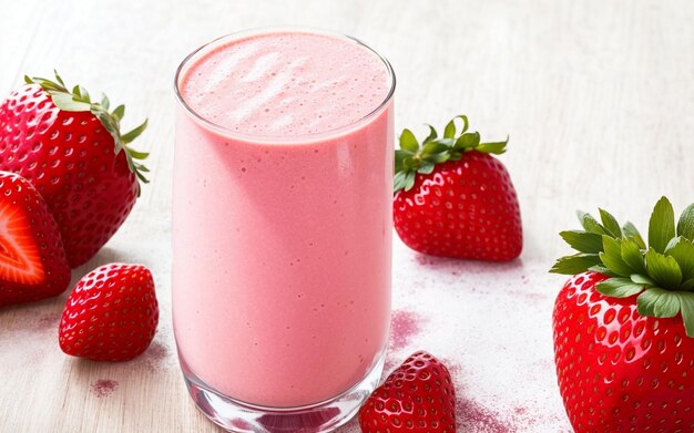 Un vaso de leche de fresa con fresas sobre una mesa de madera