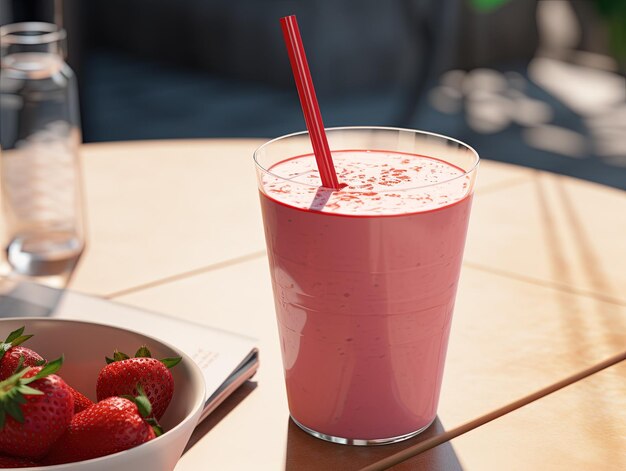 Foto vaso de leche de fresa con fruta fresca en un fondo mínimo