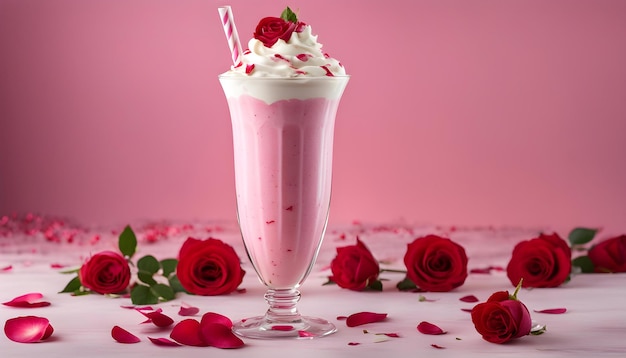 un vaso de leche de fresa con rosas en la mesa