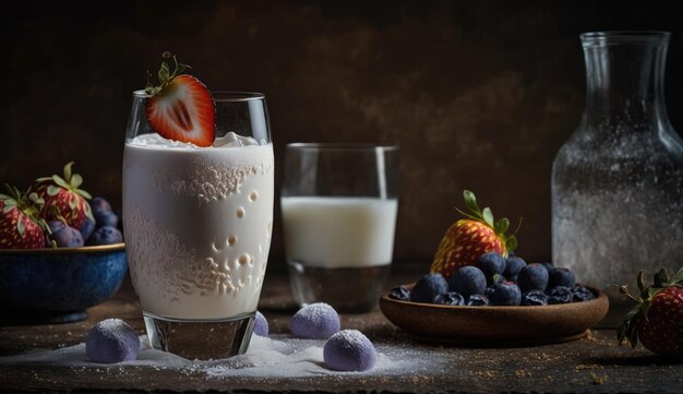 Un vaso de leche con fresas al lado.