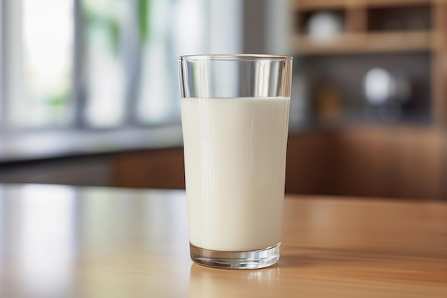 Un vaso de leche fresca en el mostrador de madera de la cocina