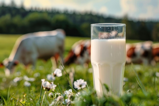 un vaso de leche fresca en el prado con vacas pastando en el fondo