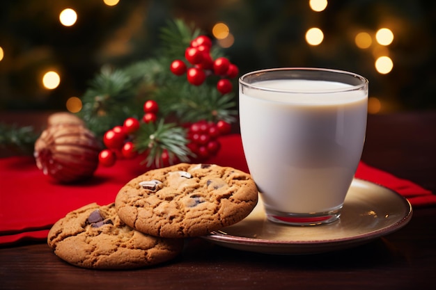 Foto un vaso de leche y una galleta en un plato