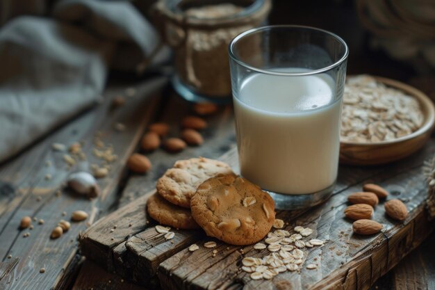 Vaso de leche con galletas y almendras en una mesa de madera