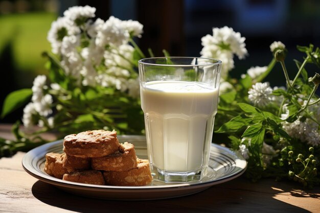 Un vaso de leche y galletas caseras en una mesa de madera con flores