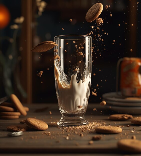 Un vaso de leche y galletas cayendo en él