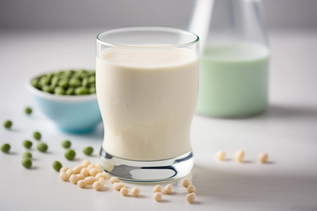 Un vaso de leche con guisantes verdes al lado.