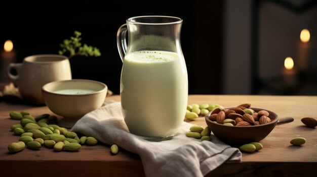 Foto un vaso de leche junto a un cuenco de nueces