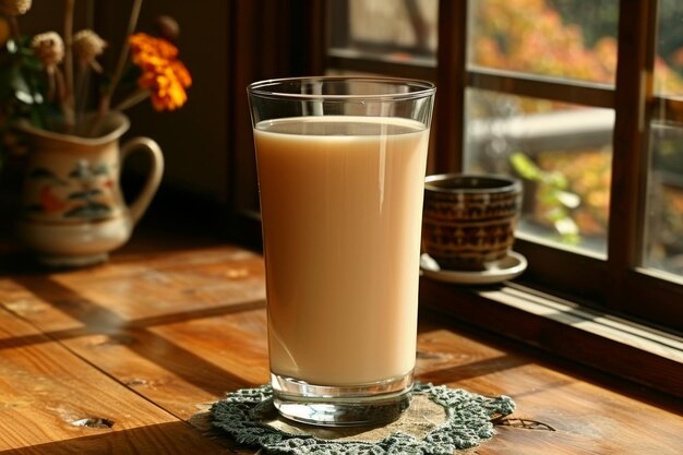 Un vaso de leche en una mesa de madera cerca de una ventana