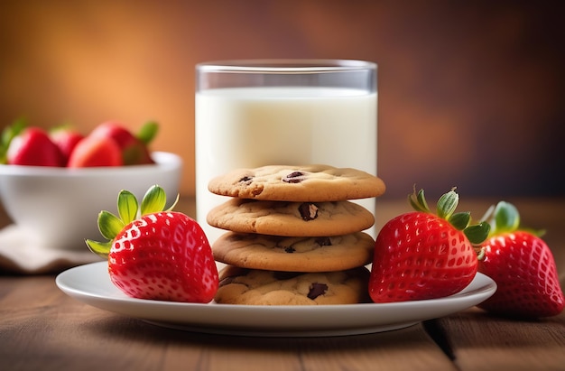 Foto un vaso de leche está en una mesa de madera hay galletas en un plato y frutas y bayas