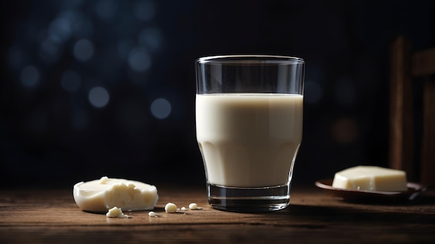 un vaso de leche en una mesa de madera