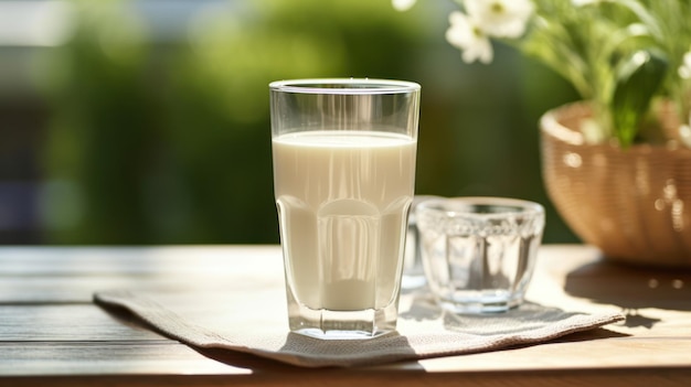 Un vaso de leche en una mesa de madera