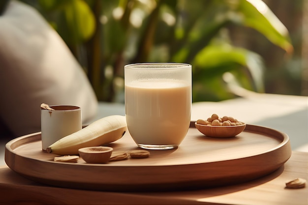 Foto un vaso de leche de nuez con plátano