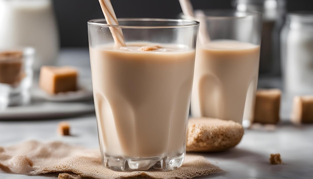 un vaso de leche con una pajita en él