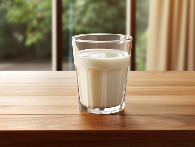 un vaso de leche en la posición central en la mesa de madera en la vista de la mañana