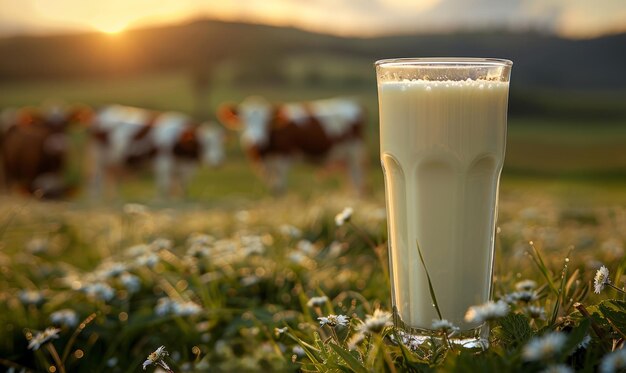 Vaso de leche en el prado con vacas en el fondo