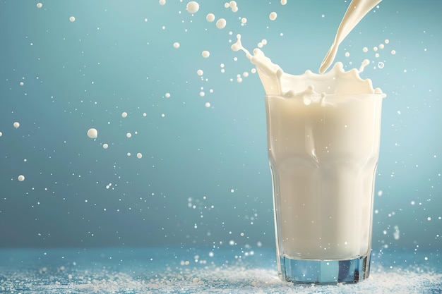 un vaso de leche con un salto de leche salpicando en él