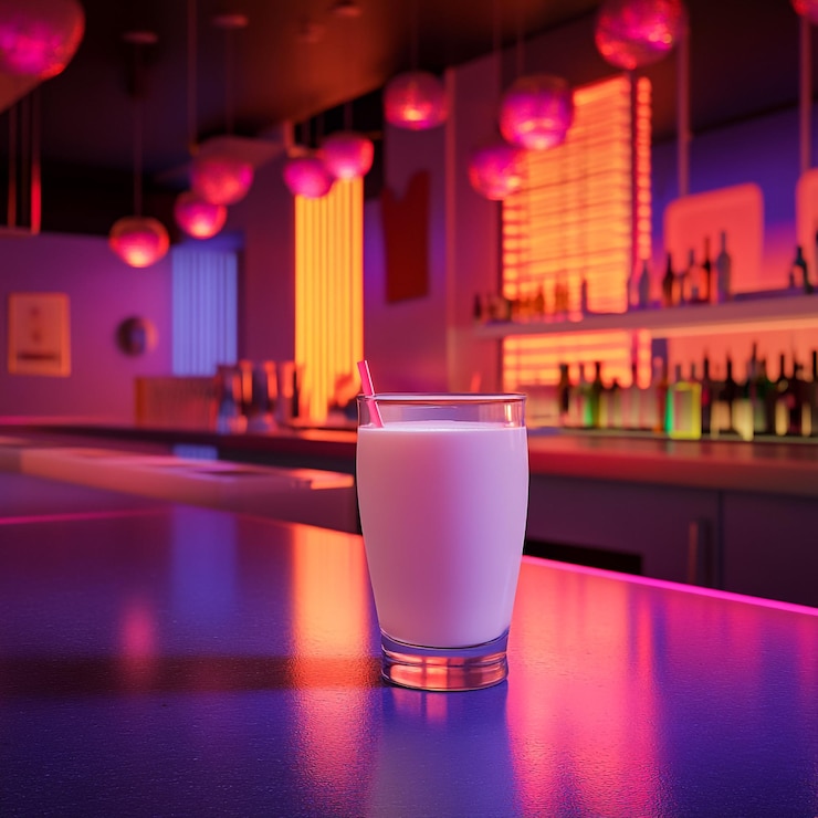 Foto un vaso de leche se sienta en una barra con las luces encendidas