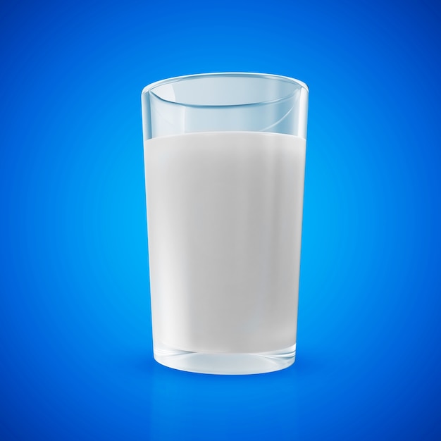 Vaso de leche sobre fondo azul.