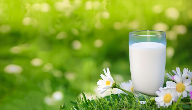 Un vaso de leche sobre hierba verde Concepto del Día Mundial de la Leche Generativo Ai