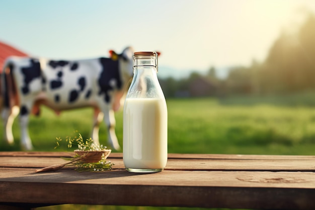 Un vaso de leche sobre una mesa de madera y una vaca al fondo Súper realismo Un 4k 8k de alta calidad