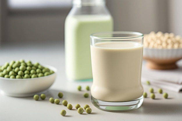 Foto vaso con leche vegana de proteína de guisante sobre una mesa blanca ai generativa