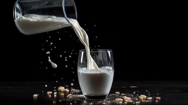 Un vaso de leche se vierte en un vaso.