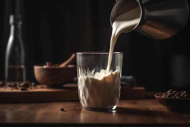 Un vaso de leche se vierte en un vaso.