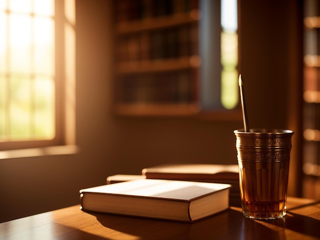 Un vaso del libro sobre una mesa con el sol brillando sobre él.