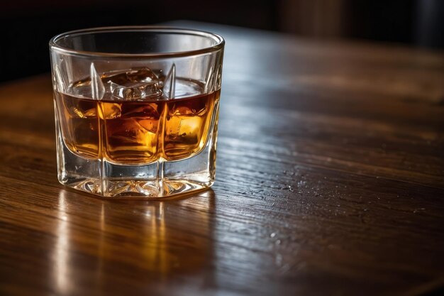 Vaso de licor con amaretto en un primer plano de mesa de madera