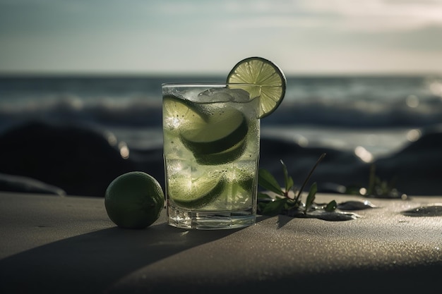 Un vaso de lima y un cóctel de lima en la playa