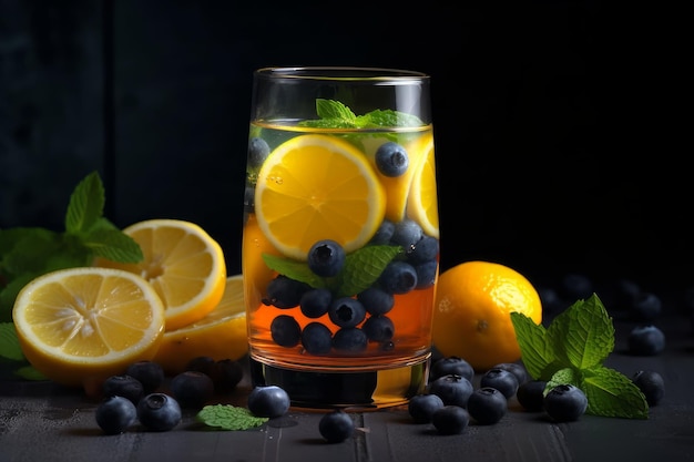 Un vaso de limonada con arándanos y limones sobre un fondo negro.