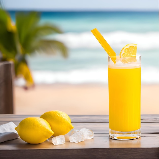 Un vaso de limonada con hielo y una pajita amarilla.