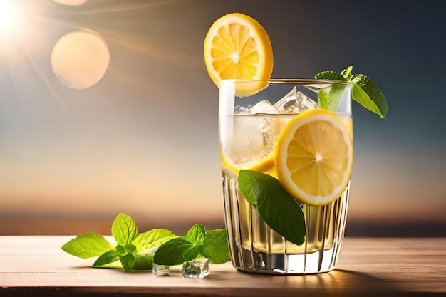 Un vaso de limonada con hielo y rodajas de limón sobre una mesa de madera.