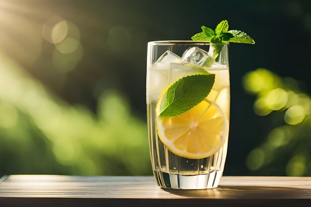 Un vaso de limonada con una hoja de menta en el borde descansa sobre una mesa de madera.