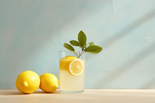 Un vaso de limonada con una hoja verde